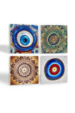 Nazar, Mandala Taş Bardak Altlığı Masaüstü Koruyucu Altlık 4 Parça Set 10x10cm Stone Coasters