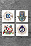 Nazar, Şahmeran, Fatma Ana Eli (Hamsa) Taş Bardak Altlığı Masaüstü Koruyucu Altlık 4 Parça Set 10x10cm Stone Coasters