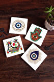 Nazar, Fatma Ana Eli (Hamsa), Şahmeran Taş Bardak Altlığı Masaüstü Koruyucu Altlık 4 Parça Set 10x10cm Stone Coasters