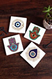 Nazar, Fatma Ana Eli (Hamsa) Taş Bardak Altlığı Masaüstü Koruyucu Altlık 4 Parça Set 10x10cm Stone Coasters