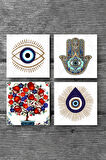 Nazar, Nar Ağacı, Fatma Ana Eli (Hamsa) Taş Bardak Altlığı Masaüstü Koruyucu Altlık 4 Parça Set 10x10cm Stone Coasters