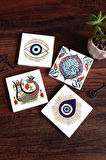 Nazar, Şahmeran, Çini Sanatı Taş Bardak Altlığı Masaüstü Koruyucu Altlık 4 Parça Set 10x10cm Stone Coasters