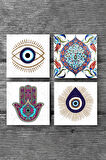 Nazar, Fatma Ana Eli (Hamsa), Çini Sanatı Taş Bardak Altlığı Masaüstü Koruyucu Altlık 4 Parça Set 10x10cm Stone Coasters