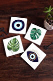 Nazar, Yaprak Taş Bardak Altlığı Masaüstü Koruyucu Altlık 4 Parça Set 10x10cm Stone Coasters