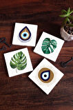 Nazar, Yaprak Taş Bardak Altlığı Masaüstü Koruyucu Altlık 4 Parça Set 10x10cm Stone Coasters