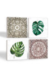 Etnik Desen, Yaprak Taş Bardak Altlığı Masaüstü Koruyucu Altlık 4 Parça Set 10x10cm Stone Coasters