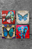 Kelebek, Fil, Kuş Taş Bardak Altlığı Masaüstü Koruyucu Altlık 4 Parça Set 10x10cm Stone Coasters
