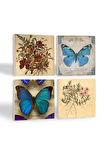Vintage Çiçek, Kelebek Taş Bardak Altlığı Masaüstü Koruyucu Altlık 4 Parça Set 10x10cm Stone Coasters