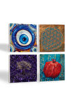 Nazar, Yaşam Çiçeği, Hayat Ağacı, Nar Taş Bardak Altlığı Masaüstü Koruyucu Altlık 4 Parça Set 10x10cm Stone Coasters
