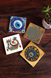 Nazar, Yaşam Çiçeği, Şahmeran Taş Bardak Altlığı Masaüstü Koruyucu Altlık 4 Parça Set 10x10cm Stone Coasters