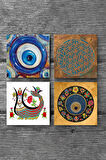 Nazar, Yaşam Çiçeği, Şahmeran Taş Bardak Altlığı Masaüstü Koruyucu Altlık 4 Parça Set 10x10cm Stone Coasters