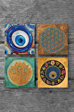 Nazar, Yaşam Çiçeği, Lotus Çiçeği Taş Bardak Altlığı Masaüstü Koruyucu Altlık 4 Parça Set 10x10cm Stone Coasters