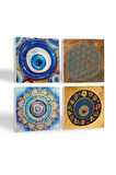 Nazar, Yaşam Çiçeği, Mandala Taş Bardak Altlığı Masaüstü Koruyucu Altlık 4 Parça Set 10x10cm Stone Coasters