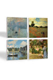 Claude Monet Bahçede, Argenteuil'de Köprü, Gelincikler, İzlenim Gün Doğumu Taş Bardak Altlığı Masaüstü Koruyucu Altlık 4 Parça Set 10x10cm Stone Coasters