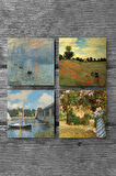 Claude Monet Bahçede, Argenteuil'de Köprü, Gelincikler, İzlenim Gün Doğumu Taş Bardak Altlığı Masaüstü Koruyucu Altlık 4 Parça Set 10x10cm Stone Coasters
