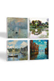 Claude Monet Sonbahar, Gül Çiçekli Kemer, Argenteuil'de Köprü, İzlenim Gün Doğumu Taş Bardak Altlığı Masaüstü Koruyucu Altlık 4 Parça Set 10x10cm Stone Coasters