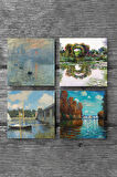 Claude Monet Sonbahar, Gül Çiçekli Kemer, Argenteuil'de Köprü, İzlenim Gün Doğumu Taş Bardak Altlığı Masaüstü Koruyucu Altlık 4 Parça Set 10x10cm Stone Coasters