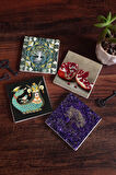 Hayat Ağacı, Şahmeran, Nar Taş Bardak Altlığı Masaüstü Koruyucu Altlık 4 Parça Set 10x10cm Stone Coasters