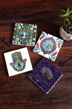 Hayat Ağacı, Çini Sanatı, Fatma Ana Eli (Hamsa) Taş Bardak Altlığı Masaüstü Koruyucu Altlık 4 Parça Set 10x10cm Stone Coasters
