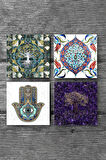 Hayat Ağacı, Çini Sanatı, Fatma Ana Eli (Hamsa) Taş Bardak Altlığı Masaüstü Koruyucu Altlık 4 Parça Set 10x10cm Stone Coasters