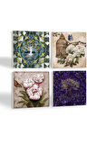 Hayat Ağacı, Kelebekli Çiçek Taş Bardak Altlığı Masaüstü Koruyucu Altlık 4 Parça Set 10x10cm Stone Coasters