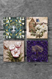 Hayat Ağacı, Kelebekli Çiçek Taş Bardak Altlığı Masaüstü Koruyucu Altlık 4 Parça Set 10x10cm Stone Coasters