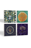 Hayat Ağacı, Nazar, Lotus Çiçeği Taş Bardak Altlığı Masaüstü Koruyucu Altlık 4 Parça Set 10x10cm Stone Coasters