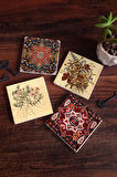 Vintage Çiçek, Desen Taş Bardak Altlığı Masaüstü Koruyucu Altlık 4 Parça Set 10x10cm Stone Coasters