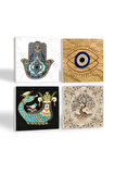 Nazar, Şahmeran, Hayat Ağacı, Fatma Ana Eli (Hamsa) Taş Bardak Altlığı Masaüstü Koruyucu Altlık 4 Parça Set 10x10cm Stone Coasters