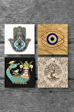 Nazar, Şahmeran, Hayat Ağacı, Fatma Ana Eli (Hamsa) Taş Bardak Altlığı Masaüstü Koruyucu Altlık 4 Parça Set 10x10cm Stone Coasters