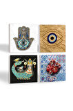 Nazar, Şahmeran, Nar, Fatma Ana Eli (Hamsa) Taş Bardak Altlığı Masaüstü Koruyucu Altlık 4 Parça Set 10x10cm Stone Coasters