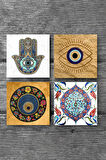 Nazar, Çini Sanatı, Fatma Ana Eli (Hamsa) Taş Bardak Altlığı Masaüstü Koruyucu Altlık 4 Parça Set 10x10cm Stone Coasters