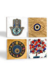 Nazar, Nar Ağacı, Fatma Ana Eli (Hamsa) Taş Bardak Altlığı Masaüstü Koruyucu Altlık 4 Parça Set 10x10cm Stone Coasters