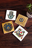 Nazar, Şahmeran, Fatma Ana Eli (Hamsa) Taş Bardak Altlığı Masaüstü Koruyucu Altlık 4 Parça Set 10x10cm Stone Coasters
