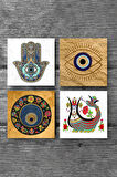 Nazar, Şahmeran, Fatma Ana Eli (Hamsa) Taş Bardak Altlığı Masaüstü Koruyucu Altlık 4 Parça Set 10x10cm Stone Coasters