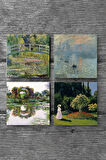 Claude Monet Gül Çiçekli Kemer, Bahçedeki Kadın, İzlenim Gün Doğumu, Nilüfer Gölü Taş Bardak Altlığı Masaüstü Koruyucu Altlık 4 Parça Set 10x10cm Stone Coasters