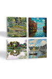 Claude Monet Sonbahar, Gül Çiçekli Kemer, Argenteuil'de Köprü, Nilüfer Gölü Taş Bardak Altlığı Masaüstü Koruyucu Altlık 4 Parça Set 10x10cm Stone Coasters