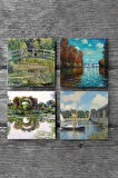 Claude Monet Sonbahar, Gül Çiçekli Kemer, Argenteuil'de Köprü, Nilüfer Gölü Taş Bardak Altlığı Masaüstü Koruyucu Altlık 4 Parça Set 10x10cm Stone Coasters