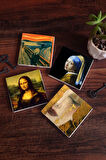 Çığlık, İnci Küpeli Kız, Gustav Klimt Altın Gözyaşları, Da Vinci Mona Lisa Taş Bardak Altlığı Masaüstü Koruyucu Altlık 4 Parça Set 10x10cm Stone Coasters