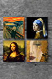 Çığlık, İnci Küpeli Kız, Gustav Klimt Altın Gözyaşları, Da Vinci Mona Lisa Taş Bardak Altlığı Masaüstü Koruyucu Altlık 4 Parça Set 10x10cm Stone Coasters