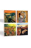 Dalí Belleğin Azmi, Van Gogh Arles'te Kırmızı Bağ, Çığlık, Klimt Aile Kucaklama Taş Bardak Altlığı Masaüstü Koruyucu Altlık 4 Parça Set 10x10cm Stone Coasters