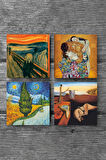 Dalí Belleğin Azmi, Van Gogh Selvili Yol, Çığlık, Klimt Aile Kucaklama Taş Bardak Altlığı Masaüstü Koruyucu Altlık 4 Parça Set 10x10cm Stone Coasters
