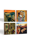 Dalí Belleğin Azmi, Çığlık, Gustav Klimt Aile Kucaklama, Göreme Halı Tüccarı Taş Bardak Altlığı Masaüstü Koruyucu Altlık 4 Parça Set 10x10cm Stone Coasters