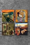 Dalí Belleğin Azmi, Çığlık, Gustav Klimt Aile Kucaklama, Göreme Halı Tüccarı Taş Bardak Altlığı Masaüstü Koruyucu Altlık 4 Parça Set 10x10cm Stone Coasters