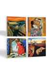 Dalí Belleğin Azmi, Çığlık, Gustav Klimt Aile Kucaklama, Kaplumbağa Terbiyecisi Taş Bardak Altlığı Masaüstü Koruyucu Altlık 4 Parça Set 10x10cm Stone Coasters