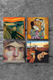 Dalí Belleğin Azmi, Çığlık, Çingene Kızı Mozaiği, Gustav Klimt Aile Kucaklama Taş Bardak Altlığı Masaüstü Koruyucu Altlık 4 Parça Set 10x10cm Stone Coasters