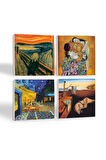Dalí Belleğin Azmi, Van Gogh Kafe Terasta Gece, Çığlık, Klimt Aile Kucaklama Taş Bardak Altlığı Masaüstü Koruyucu Altlık 4 Parça Set 10x10cm Stone Coasters