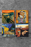 Dalí Belleğin Azmi, Van Gogh Kafe Terasta Gece, Çığlık, Klimt Aile Kucaklama Taş Bardak Altlığı Masaüstü Koruyucu Altlık 4 Parça Set 10x10cm Stone Coasters