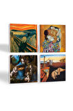 Dalí Belleğin Azmi, Da Vinci Kayalıklar Bakiresi, Çığlık, Klimt Aile Kucaklama Taş Bardak Altlığı Masaüstü Koruyucu Altlık 4 Parça Set 10x10cm Stone Coasters