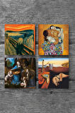 Dalí Belleğin Azmi, Da Vinci Kayalıklar Bakiresi, Çığlık, Klimt Aile Kucaklama Taş Bardak Altlığı Masaüstü Koruyucu Altlık 4 Parça Set 10x10cm Stone Coasters